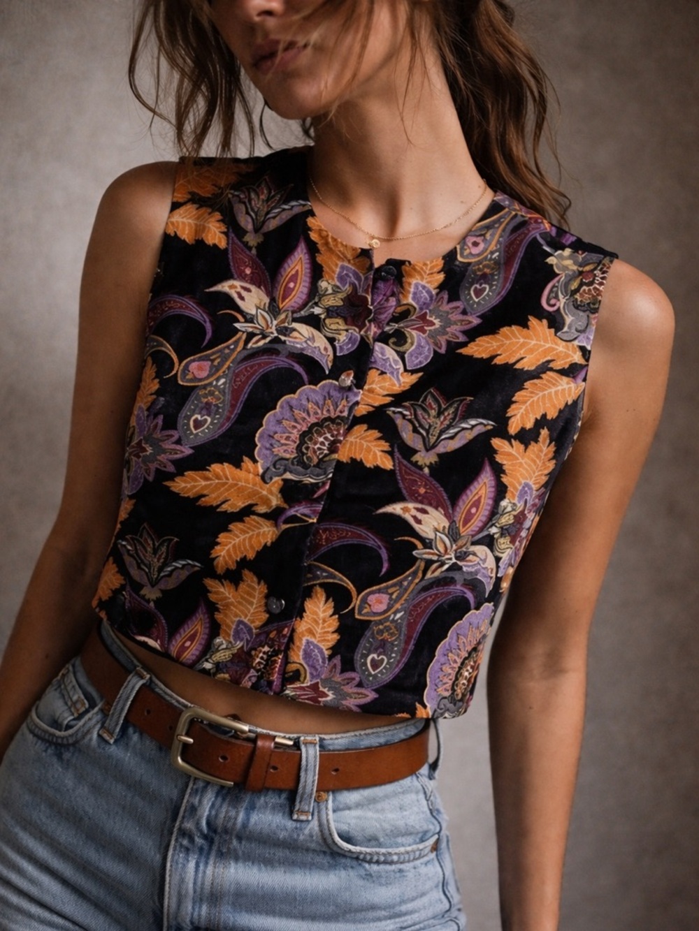 Julia Amory Blair Velvet Vest Top Black Baroque Floral XS Boho Luxe Statement